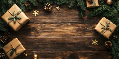Poster - Christmas backdrop featuring a fir tree, gift box, and decorations on a wooden surface. Top view.