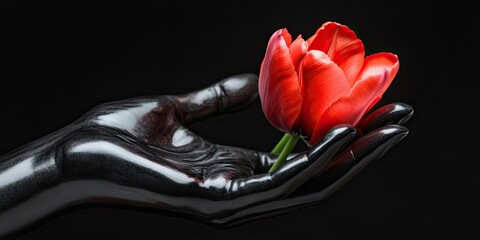Aufkleber - Creative arrangement featuring a vibrant red tulip on a black background in a dark ceramic hand. High-quality photo.