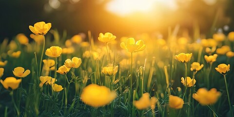 Poster - A field of wild buttercup flowers blooming in the grass on a sunny summer day.