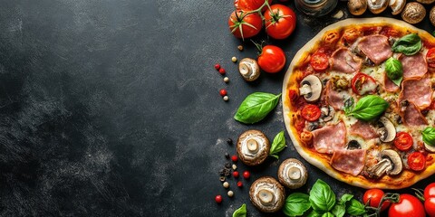 Poster - Delicious mushrooms and ham pizza alongside cooking ingredients like tomatoes and basil on a dark background. Top view
