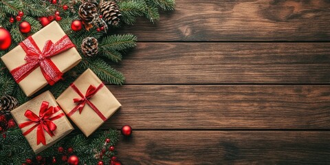 Poster - Christmas backdrop featuring a fir tree, gift box, and decorations on a wooden surface. Top view.
