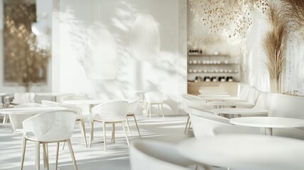 Minimalist white cafe interior with natural light, white chairs, and tables.