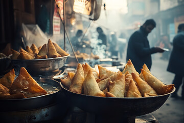 Canvas Print - Authentic Indian Street Food Scene with Samosas and Chai  