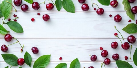 Canvas Print - A frame of sweet, juicy cherries and leaves on a white wooden table, viewed from above. Space for text.