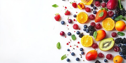 Canvas Print - Assorted summer fruits on a white background. Fresh raw food idea. Copyspace, panorama, banner.