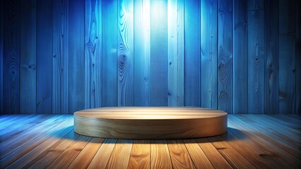 high angle natural wood podium with textured surface illuminated by bright blue light