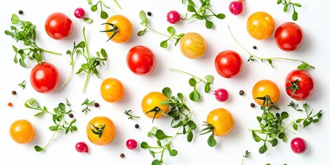 Poster - A composition of red and yellow cherry tomatoes with microgreens and pink pepper on a white isolated background.