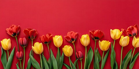 Poster - Border of yellow and red tulips on a vibrant red background. Attractive greeting card. Holiday theme. Copy space for text, top view.