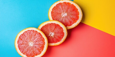 Poster - Fresh grapefruit slices on a colorful background. Top view. Copy space. A creative summer idea. Halved citrus in a minimal flat lay with copy space.