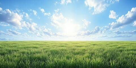 Poster - Vibrant green spring field under a blue cloudy sky, copyspace.