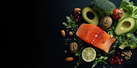 Canvas Print - Healthy food: salmon fish, avocado, broccoli, fresh vegetables, nuts, and fruits. Set against a black background. Top view. Copy space.