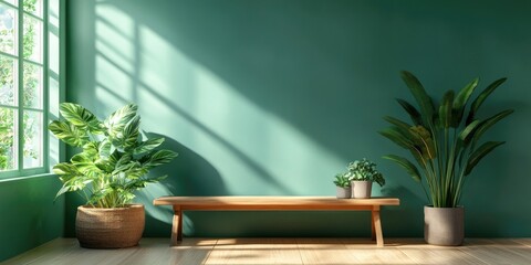 Aufkleber - Houseplants on a wooden bench beside a green wall in a room.