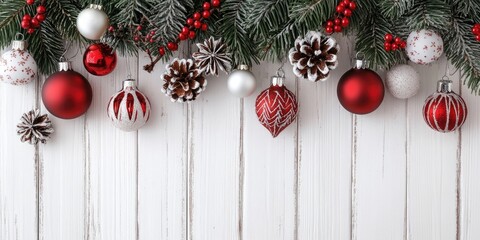 Poster - Christmas decorations are displayed on a white wooden background.