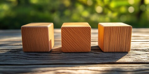 Leinwandbilder - Empty wooden cubes positioned on a wooden table with a natural background.