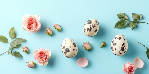 Aufkleber - Easter quail eggs with roses on a blue background, top view.