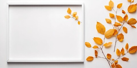Aufkleber - White photo frame with yellow leaves on a white background. Autumn arrangement. Thanksgiving Day or fall concept. Flat lay, top view, copyspace.
