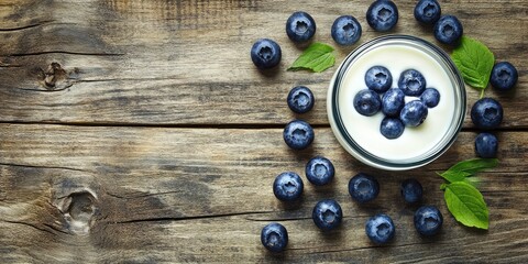 Aufkleber - Yogurt and blueberries arranged on a background of an old wooden table.