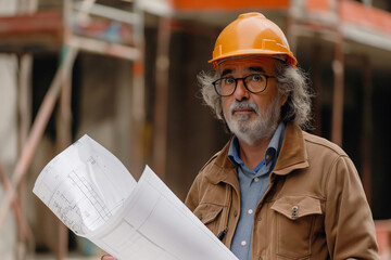 Experienced architect wearing a hard hat is holding blueprints while working on a construction site