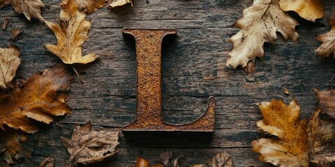 Aufkleber - Close-up of the English letter L arranged on a rough wooden surface, accompanied by dried autumn leaves. This evokes themes of love, loneliness, and more.