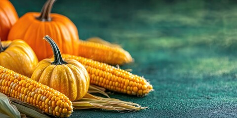 Poster - Pumpkin and corn close-up. Green backdrop. Harvesting copyspace.