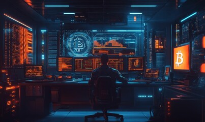 hacker in a dark room with bitcoin screens.