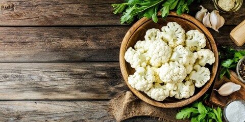 Canvas Print - Freshly cut cauliflower for cooking on a rustic wooden backdrop.