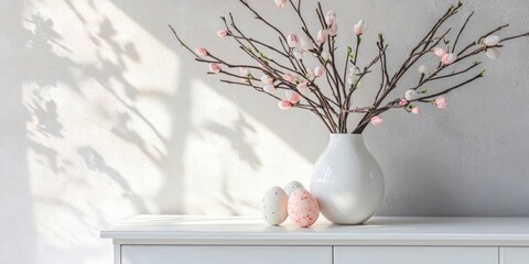 Aufkleber - Easter arrangement of dry twigs, flowers, and glass Easter eggs in a white ceramic vase on a white dresser.