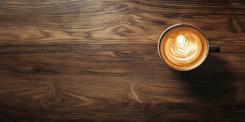 Aufkleber - Top view of a hot coffee latte art on a wooden table background.