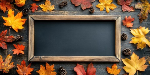 Aufkleber - Framed with autumn leaves on a wooden surface, top view.