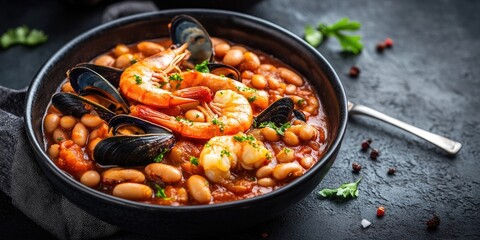 Aufkleber - Homemade bean stew featuring prawns and mussels on a dark background. Classic Spanish cuisine.