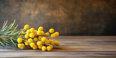 Aufkleber - Yellow French mimosa with catkins on a wooden table featuring copy space.