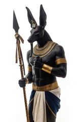 Black and gold statue of anubis, the egyptian god of the afterlife, holding a spear and standing on a white background