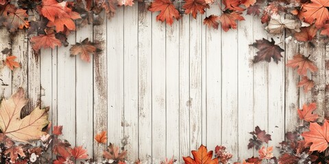 Leinwandbilder - Autumn leaves on a wooden wall with a Shabby Chic design. An empty area for your decoration, text, or advertisement. Copy space.