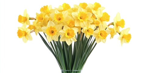 Poster - Stunning bouquet of vibrant yellow daffodil flowers in full bloom arranged in a vase set against a white background.