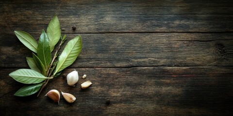 Poster - Bay leaf and garlic branch on a dark, aged wooden background with copy space.