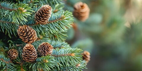 Fototapete - Green spruce branches with needles and numerous cones in winter. Many cones on the spruce tree. Fir tree. Background image featuring copyspace.