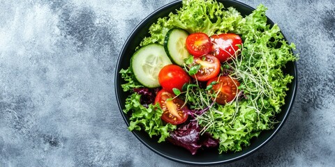 Canvas Print - A fresh salad featuring fresh vegetables, ripe tomatoes, cucumber, lettuce, and microgreens in a bowl on a gray background. Healthy raw food idea. Space for text, copy space.