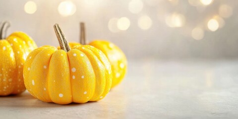 Poster - Close-up of yellow festive decorated pumpkins on a light background. Halloween theme.