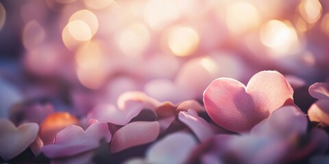 Poster - Unfocused blur of rose petals, toned light, and heart bokeh background, creating a pastel and soft card.