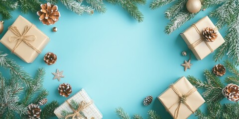 Poster - Christmas holiday arrangement. Presents, fir tree branches, and Christmas decorations on a pastel blue background. Christmas, New Year, winter theme. Flat lay, top view, copy space.