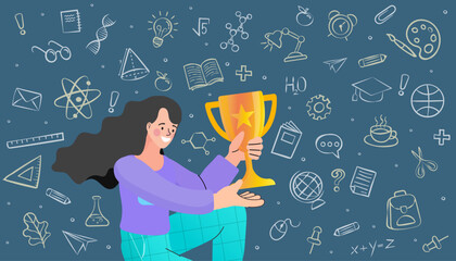 Wall Mural - Woman holding a victory trophy cup. Education Pile of books and golden trophy for future success winner. Vector illustration for mobile and web graphics. Online course education lectures.