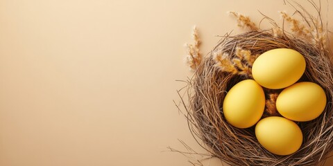 Aufkleber - Yellow eggs and Easter bunnies. Easter eggs placed in a nest against a beige background. Concept of Easter decoration. Top view. Copy space.