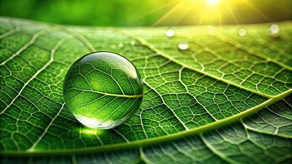 Wall Mural - net zero emission fresh green leaf with dew drop symbolizing nature growth in a blurred background
