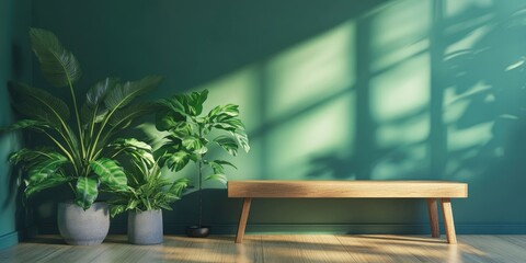 Aufkleber - Houseplants on a wooden bench beside a green wall in a room.