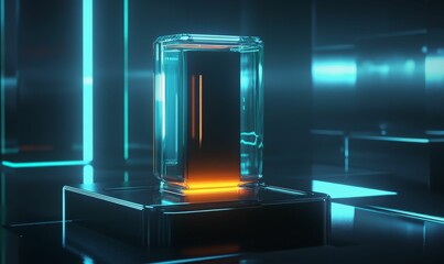 Wall Mural - Glass box glowing orange on pedestal, neon light.