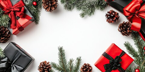 Poster - Christmas decorative backdrop featuring fir branches, pine cones, red and black gifts adorned with ribbons on a white background. Holiday concept card. Copy space, top view.