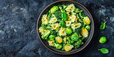Aufkleber - Vegan farfalle pasta in a spinach sauce with broccoli, brussels sprouts, and green beans served on a plate against a dark stone background. Top view, flat lay. Vegetarian dish.