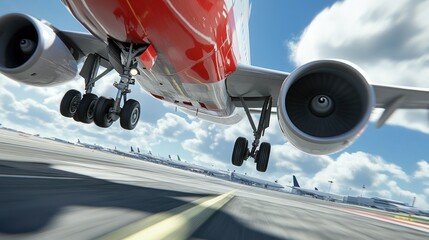 A low angle view of a large commercial airplane taking off from the runway.