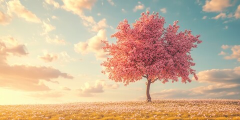 Poster - Blossom pink tree. Flowering pink apple tree in spring set against a backdrop of a clear sky and clouds.