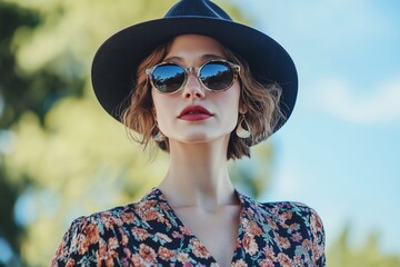 A woman wearing a black hat and sunglasses is posing for a photo. She has red lipstick and is wearing earrings. The photo has a bright and sunny mood, with the woman standing in a park or garden